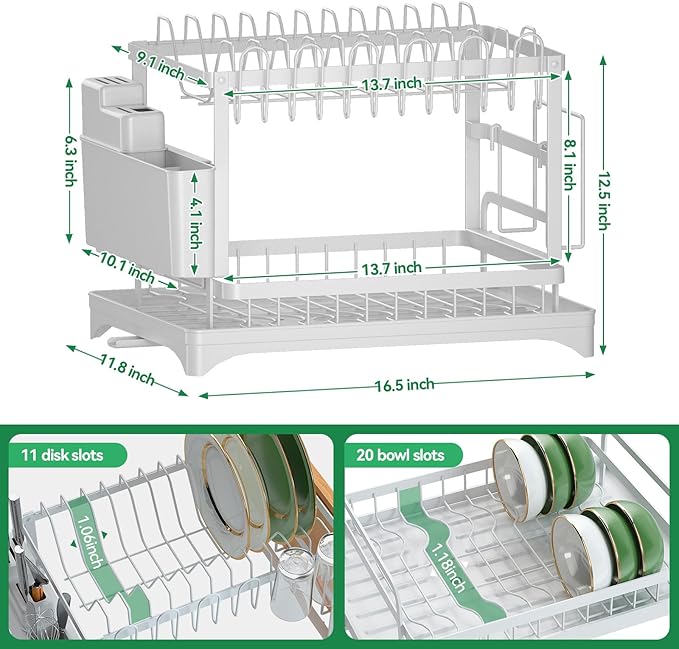 QECOUI 2-Tier Dish Drying Rack with Drainboard, Sink & Countertop Metal Dish Rack Organizer, Dish Drainers for Kitchen Counter, White Dish Racks