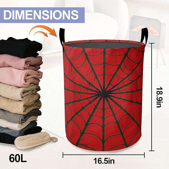 Red Spider Web Laundry Basket-Large Foldable Hamper Holder Portable Tall Collapsible Laundry Hamper Storage Basket Bin with Handles, Canvas & Waterproof lining for Household Items