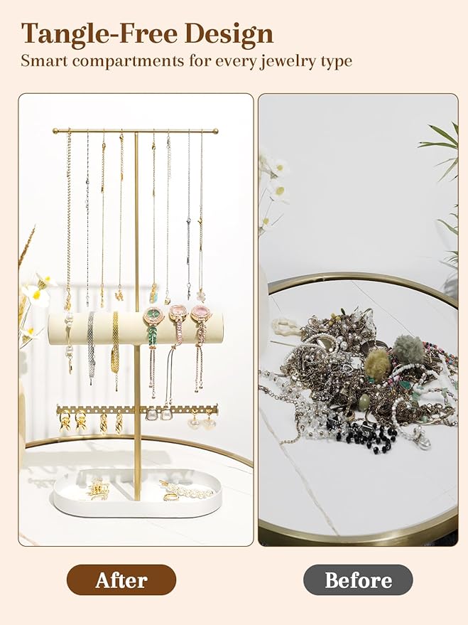 Jenseits 2-Tier Gold Jewelry Organizer Stand with Ring Holder & Tray – Elegant Jewelry Holder Display for Necklaces, Bracelets, Earrings, Rings, and Watches – Perfect Storage Rack & Gift for Women