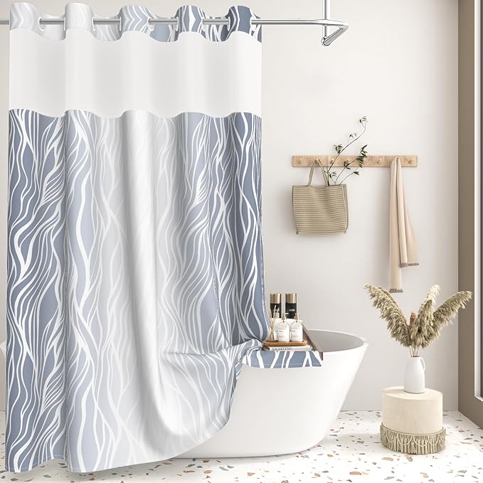 Ombre Light Blue Striped Shower Curtain with Liner, Aesthetic Hotel Luxury Bathroom Curtains, Modern Geometric Minimalist Double Layers No Hook Shower Curtain, Washable Waterproof Fabric, 71x74 inch