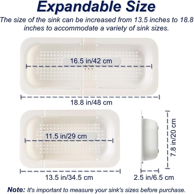 YUNKWONG Extendable Sink Colander Strainer Basket - Wash Vegetables and Fruits, Drain Cooked Pasta and Dry Dishes - Adjustable Over the Sink Colander Collapsible Drainer Basket - White