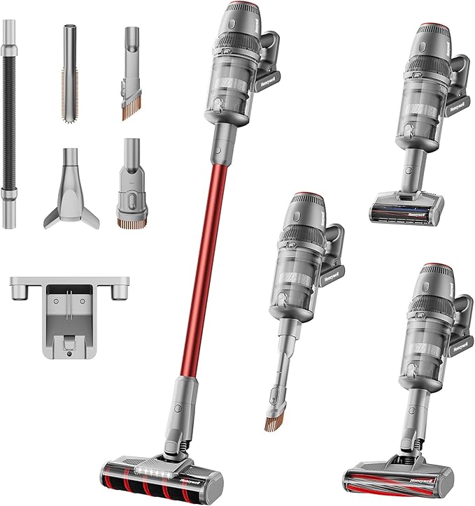 Honeywell Smart Cordless Vacuum Cleaner w/Automatic Adjustment, 10-in-1 Lightweight Stick with 3000mAh Battery 70Mins Runtime, Rechargeable Vacuum for Pet Hair/Carpet/All Floor, VC14, Graphite/Red