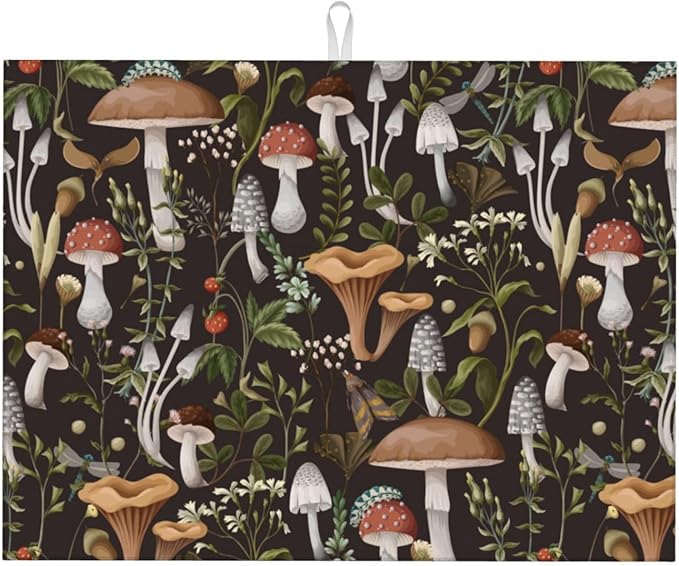 Cute Mushroom Dish Drying Mat For Kitchen Counter 18 X 24 In, Microfiber Absorbent Dish Drainer Mat With Hanging Loop Reversible Dish Drainer Mats Countertops Protector Pad (Vintage Dark Forest )