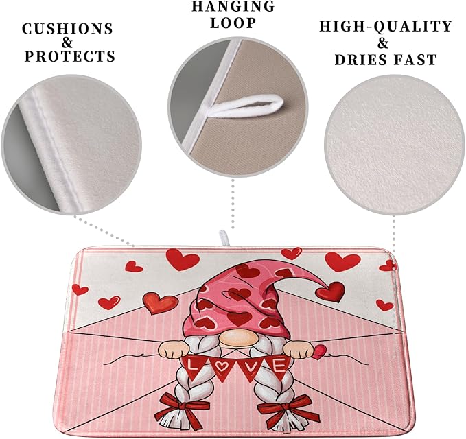 Valentine's Day Love Letter Dish Drying Mat for Kitchen Counter, Love Letter Gnome Absorbent Dish Pad Large Dish Drainer Mats for Countertop 18x24 Inch