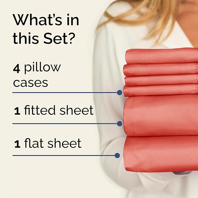 Cal King 6 Piece Sheet Set - Comfy Breathable & Cooling - Ultra-Soft Hotel Luxury Bedding Set with 8-16 Inch Deep Pockets - 1 Flat & 1 Fitted Sheet & 4 Pillowcases - Wrinkle Free & Easy Care - Coral