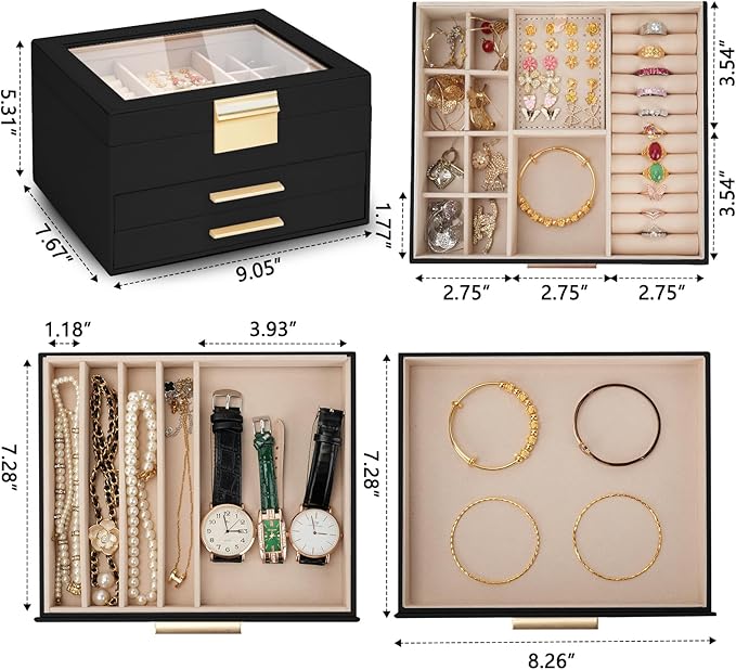 3-Layer Jewelry Box for Women, Jewelry Organizer with Glass Lid and Drawers, Jewelry Organizers and Storage for Necklaces, Rings, Earrings, Bracelets - White/Green/Black