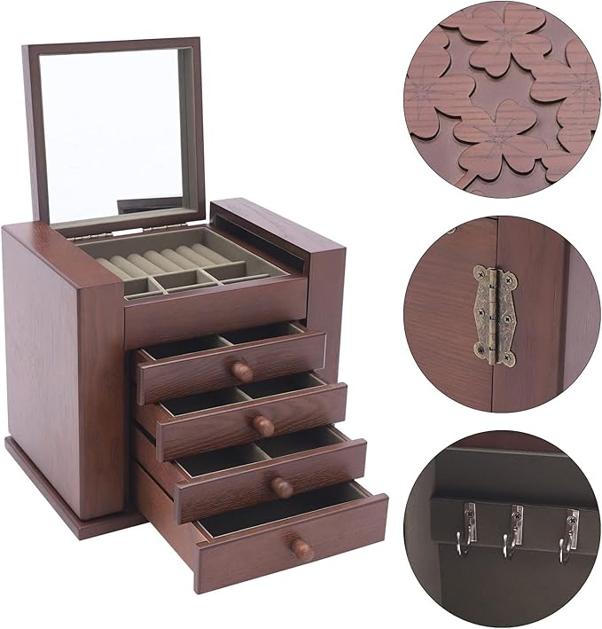 Large Wooden Jewelry Box 5 Layers Jewelry Storage with Mirror and 4 Drawers Gift for Women and Girls Necklace Ring Storage Box (Coffee+Carving)