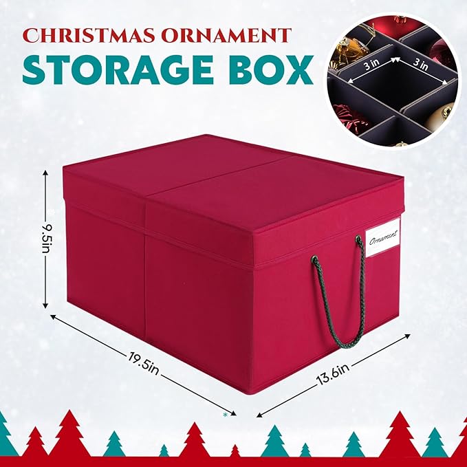 Christmas Ornament Storage Box，Stackable 3 Drawer Organizers，Max 72 3" Christmas bauble, Adjustable Christmas Ball Storage Container Bins, Red