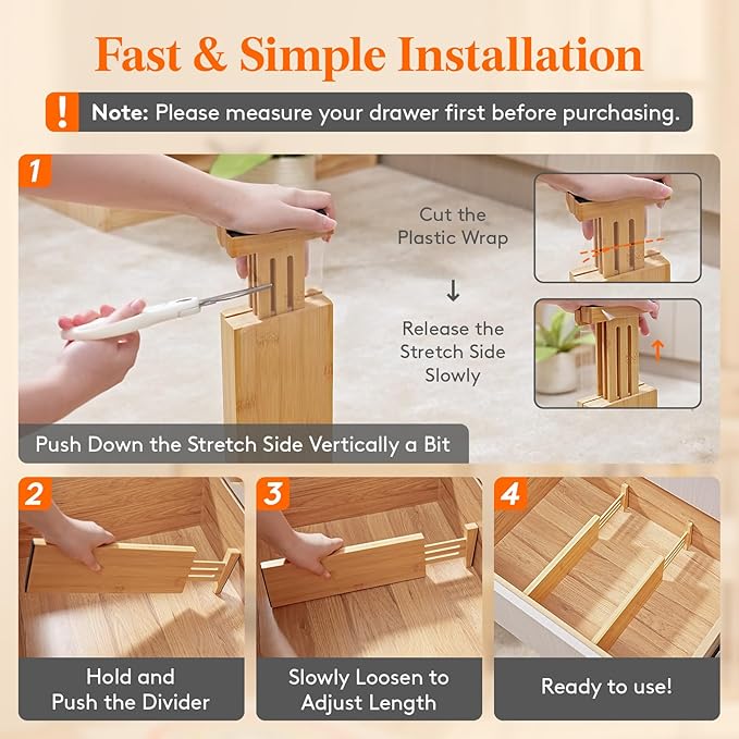 Lifewit 4 Pack 4" High Bamboo Drawer Dividers, 12-16" Adjustable Drawer Organizers for Clothes, Wood Dresser Drawer Divider, Expandable Deep Drawer Separators for Dresser, Kitchen, Bedroom, Bathroom