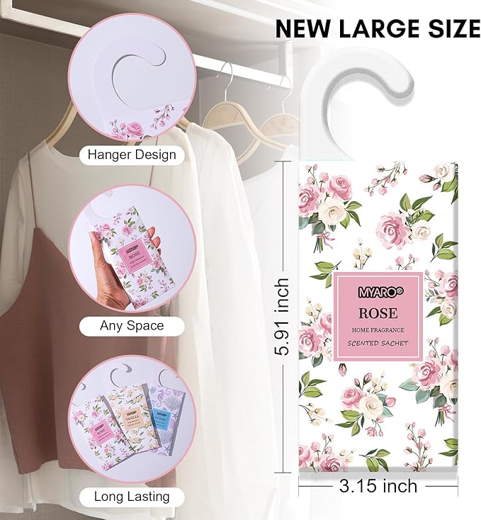 MYARO 12 Packs Large Sachets for Drawer & Closet Air Freshener Scent Potpourri Bag Long Lasting Deodorizer 6 Scents - Lavender, Rose, Jasmine, Ocean, Vanilla, Lily