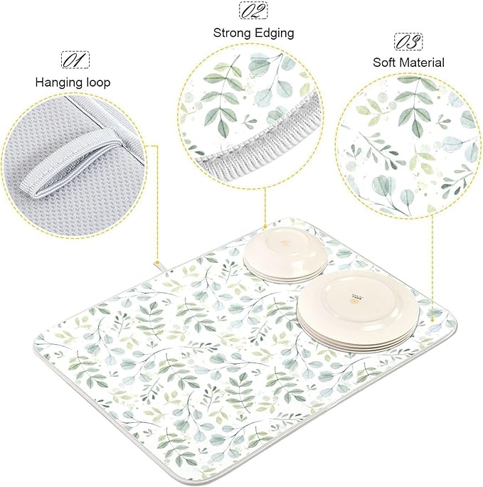 Eucalyptus Leaves Dish Drying Mat for Kitchen Countertop 18x24 Green Large Drying Mat Reusable Quick Dry Dish Sink Mats Easy Clean Decorative Essentials