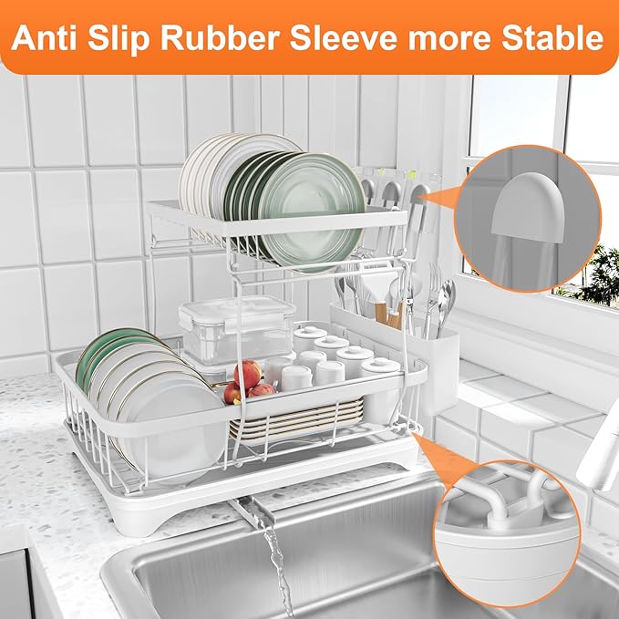 HOMEBOSILY Dish Drying Rack - Auto Draining Dish Rack for Kitchen Counter, Large Capacity Dish Drainers Organizer with Drainboard, 2-Tier Drying Rack with Utensil Holder White