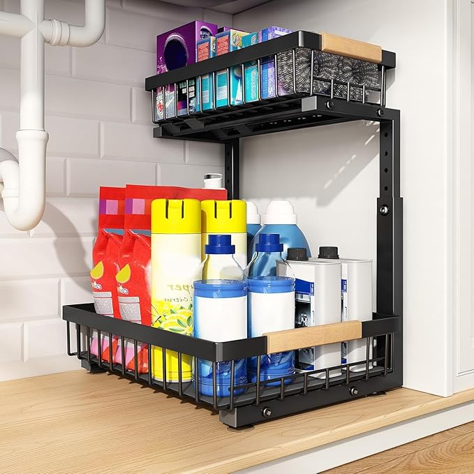 PXRACK Under Sink Organizer, Adjustable Height, 2 Tier Pull Out Under Cabinet Organizer, Slide Out Thickened Metal Under Sink Storage for Kitchen Bathroom Laundry Pantry Cabinet,1-Pack, Black
