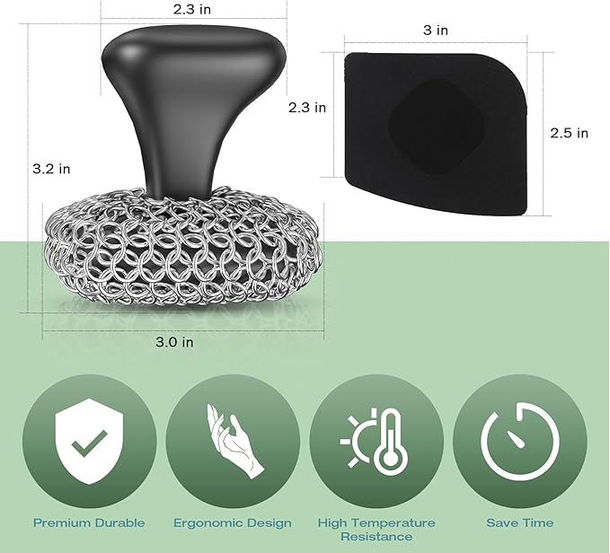 Purgreat Cast Iron Scrubber | Dish Scrub Brush | 316 Cast Iron Cleaner Chainmail Scrubber for Pan Skillet Cleaner - Dish Scouring Pad Dishwasher Safe Cleaning Kit, Black 03