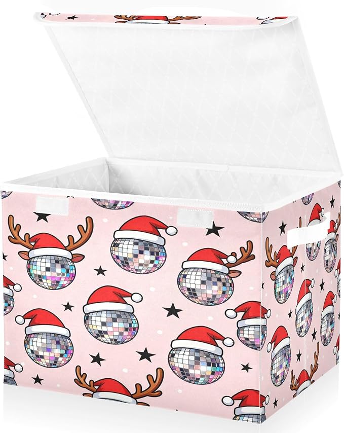 Christmas Disco Ball Santa Reindeer Storage Bins with Lids Foldable Storage Basket with Handles Collapsible Large Fabric Organizer Containers for Clothes Shelves Closet Office Home
