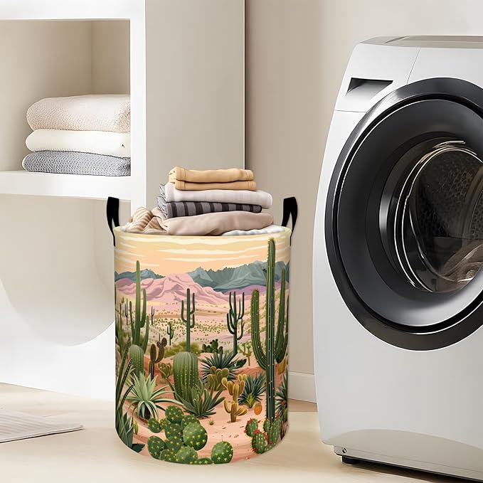 Tall Green Cactus in Vast Desert Laundry Basket with Handles, 19.7"x15.7" Clothes Foldable Laundry Hamper Organizer for Dorm Nursery Bedroom Bathroom Decor, Toy Storage Bin for Kids