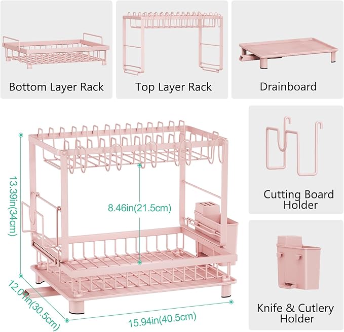 Nfnoyp Multifunctional Dish Drying Rack - Rustproof, 2-Tier Dish Racks with Drainboard, Space-Saving Design, Utensil & Cup Holder for Kitchen Counter, Pink