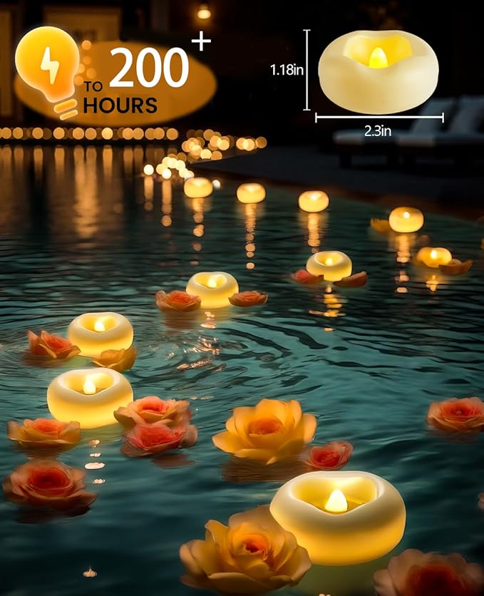36 x 2”Floating Candle, 200 Hour Water Activated Warm White Battery Powered Flameless LED Floating Candle Floating for centerpieces/Bathtub/Fountain/Pool