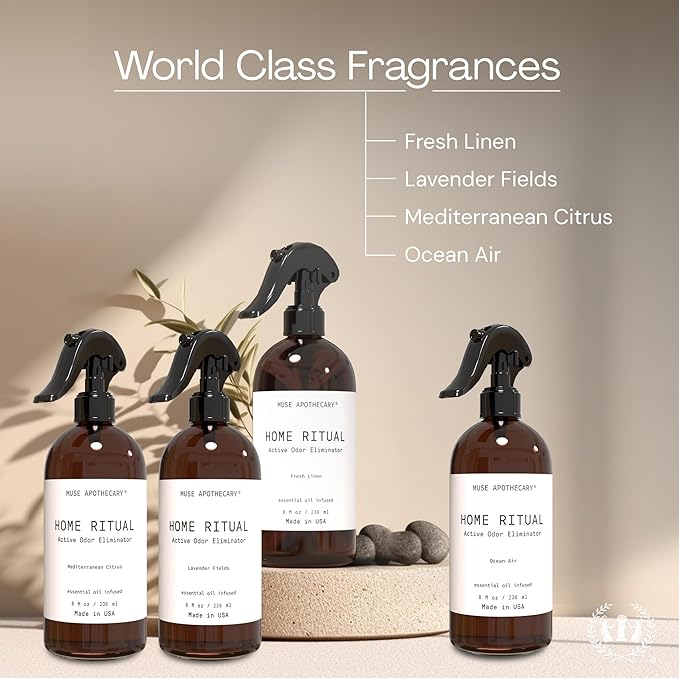 Muse Apothecary Home Ritual Active Odor Eliminator Spray - Furniture Deodorizer Spray & Bathroom Odor Eliminator for Home - Essential Oil Air Freshener - 4oz, Mediterranean Citrus