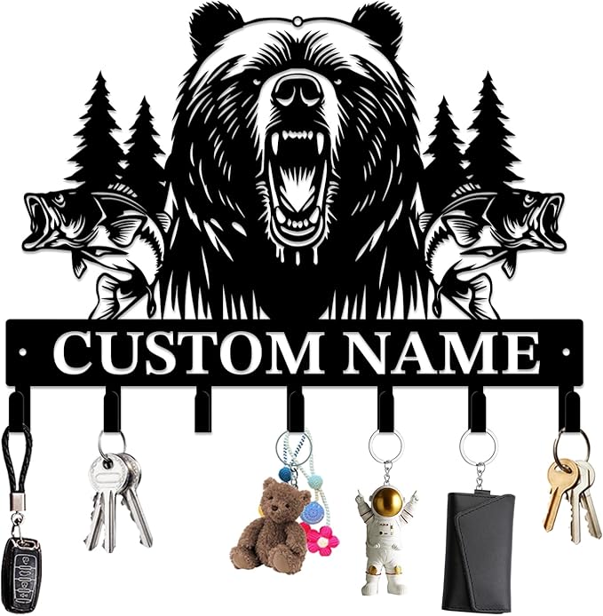 Personalized Custom Name Bear Key Wall Hooks,Metal Bear Keys Clothes Hooks,Metal Bear Wall Home Storage Decorative,For Front Door, Hallway, Kitchen, Bedroom,Keys,Hats (Style F)