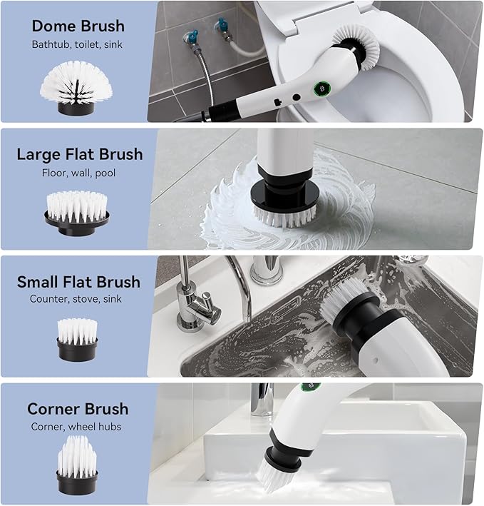 Swyprrix Electric Bathroom Cleaning Brush, Cordless Spin Scrubber Full Body Waterproof IPX7 with Adjustable Handle, 8 Replaceable Brush Heads for Bathtub/Kitchen/Window/Home -SD-CTB01