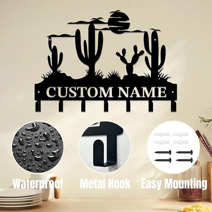 Personalized Custom Name Cactus Wall Keys Hooks,Metal Cactus Art Clothes Hooks,Metal Cactus Lover Wall Home Storage Decorative,For Front Door, Hallway, Kitchen, Bedroom,Keys,Hats (Style C)