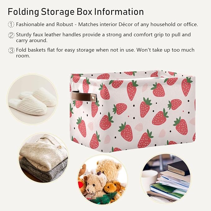 ALAZA Strawberry Polka Dots Foldable Storage Box Storage Basket Organizer Bins with Handles for Shelf Closet Living Room Bedroom Home Office 2 Pack
