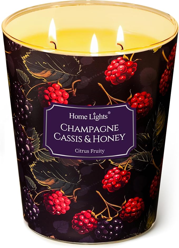 HomeLights Scented Candles | Large Jar 34 Oz Natural Soy Candle | 130 hrs Long-Lasting with 3 Wicks | Eclectic Mixed Styles Home Decor | Gifts for Mom & Women, Champagne Cassis & Honey