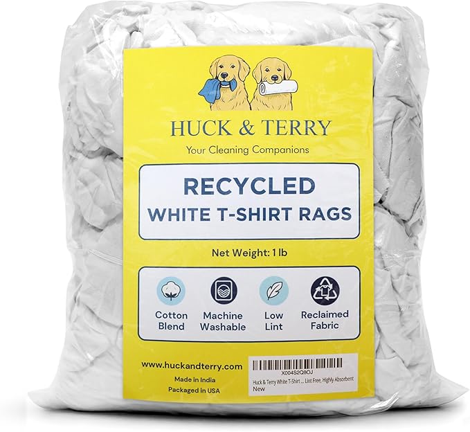 Huck & Terry White T-Shirt Bag of Rags, 100% Recycled Material, Cotton Blend Bar Mop, Reclaimed, Eco-Friendly Cloth, Cleaning & Painting Rags, Lint Free, Highly Absorbent (Bag, 1, Pound)