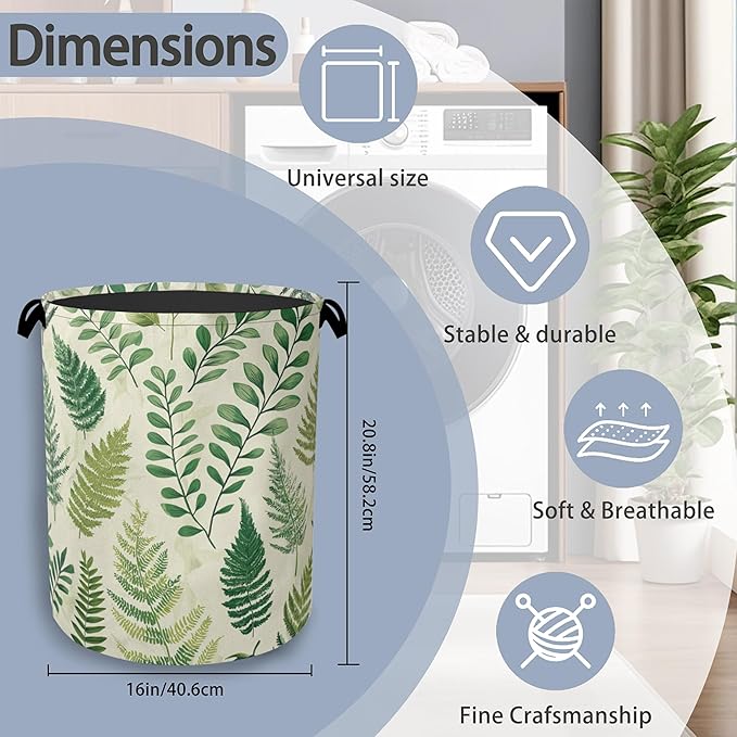 Fern Herbs Laundry Hamper,Botanical Floral Leaf Dirty Clothes Laundry Basket with Handles Waterproof Oxford Cloth Storage Basket for College Dorms Bathroom Bedroom 16" x 20.8"