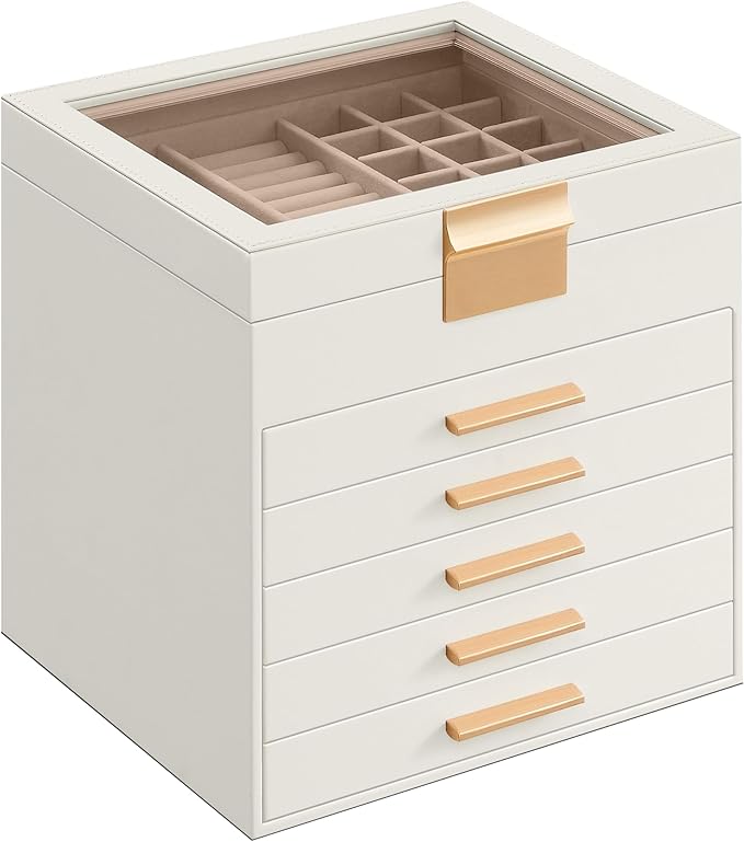 SONGMICS Jewelry Box Organizer with Glass Lid, 6-Layer Jewelry Storage, with 5 Drawers, Modern Style, 8 x 9.1 x 9 Inches, Cloud White and Gold Color UJBC176W01