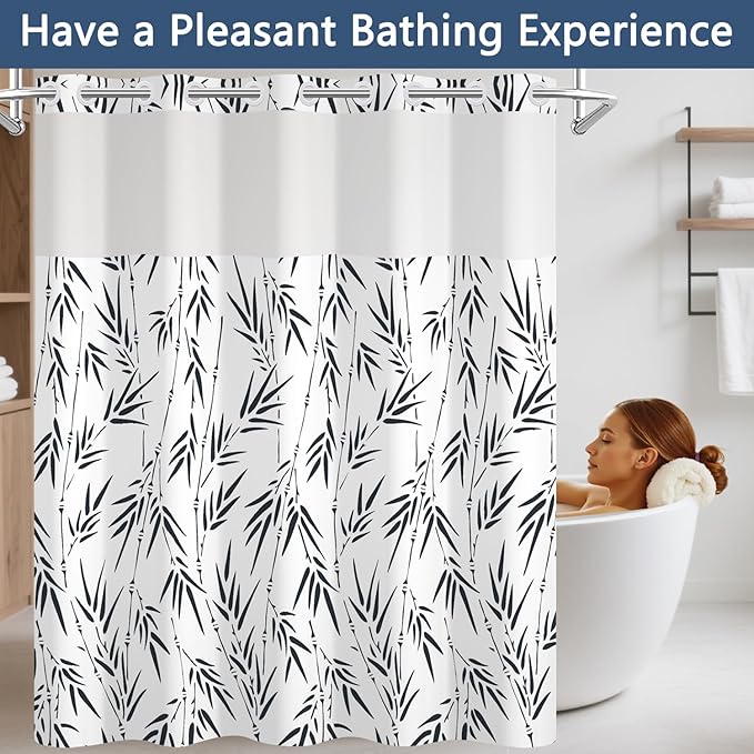 Dark Blue Bamboo Leaves Shower Curtain with Snap in Liner Set, Modern Boho Plant Aesthetic Design Bathroom Decorative Curtains, Waterproof Double Layers Fabric No Hook Shower Curtain, 71x74 inch