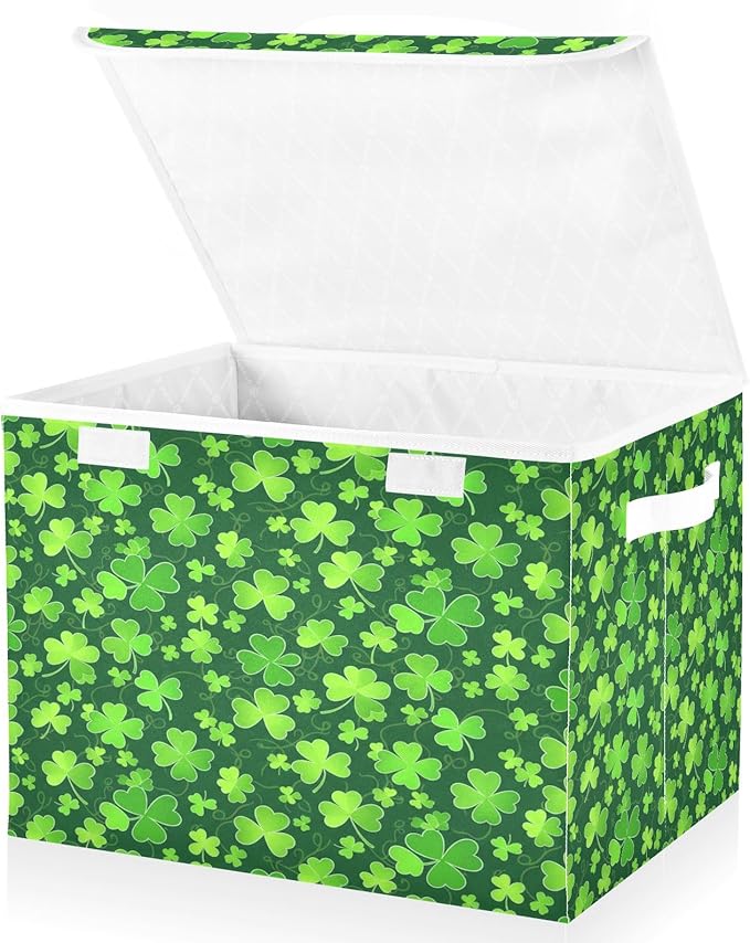 Bolaz Clover St Patrick Day Storage Bins with Lids and Handles, Foldable Storage Box Storage Basket with Cover Collapsible Organizer Containers for Home Closet, Shelves