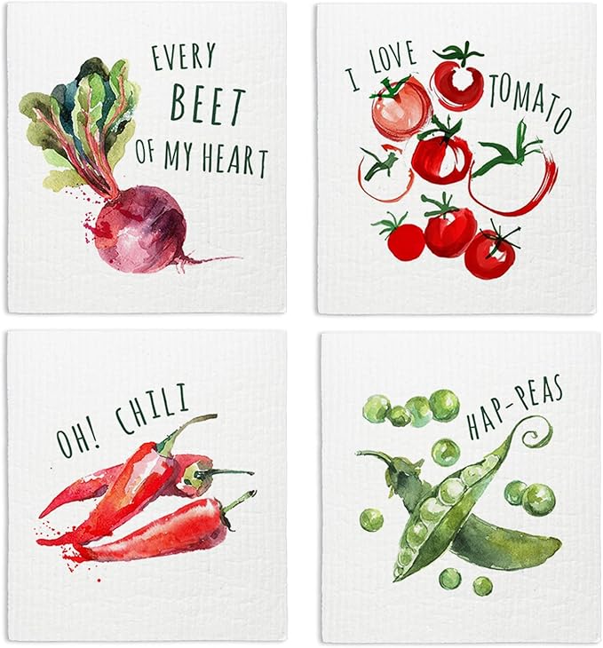 LARTSFRO Swedish Dishcloths for Kitchen, Swedish Dish Cleaning Cloths for Vegetable, Beet Chili Tomato Peas，Papaya Reusable Paper Towels, 4 Pack Dish Towels for Kitchen, Reusable Dishcloths Washable