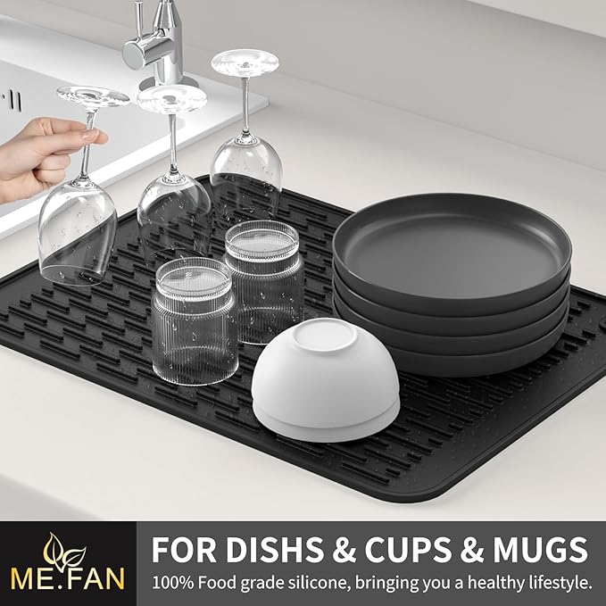 ME.FAN Silicone Dish Drying Mat for Kitchen Counter, Dish Drying Pad for Sink, Refrigerator or Drawer, Countertop Protection Pad XL - 23''×17'' - Black