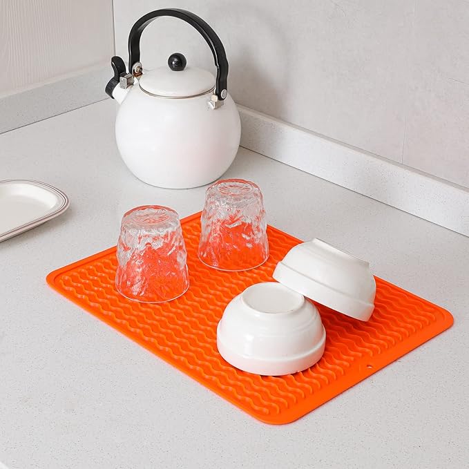MicoYang Silicone Dish Drying Mat for Multiple Usage,Easy clean,Eco-friendly,Heat-resistant Silicone Mat for Kitchen Counter or Sink,Refrigerator or drawer liner Orange L 16 inches x 12 inches