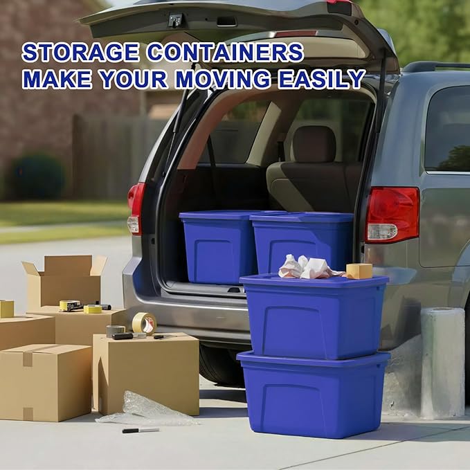 Storage Bins with Lids - Made in USA 18-Gallon (72-Quart) 4-Pack Storage Totes with Lids, Plastic Stackable Containers Large Storage Boxes for Home and Office Organization Blue/Blue