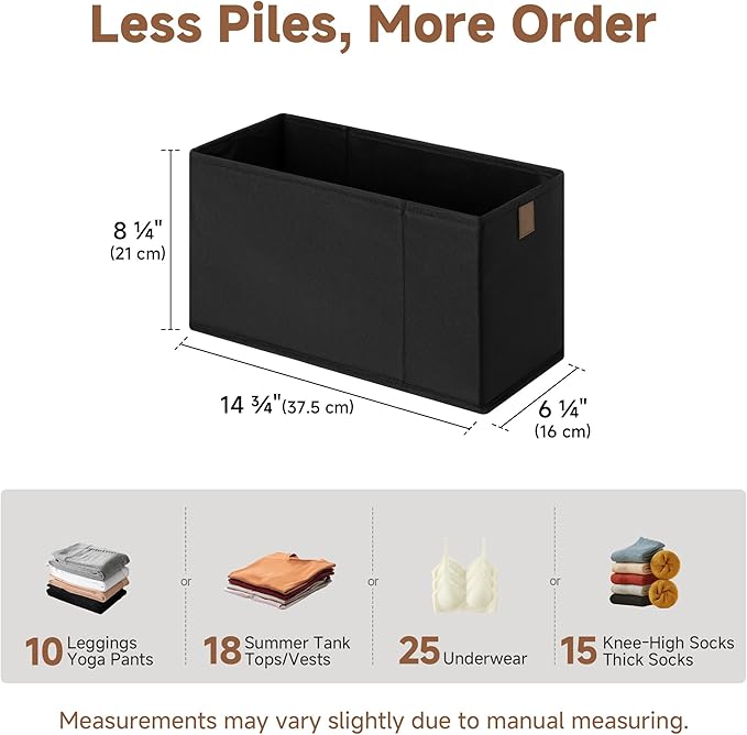 StorageWorks Narrow Storage Basket, Narrow Baskets for Shelves, Fabric Storage Bins with PU Handle, Perfect for Clothes, Underwear, Books, Socks, Black, 4-Pack
