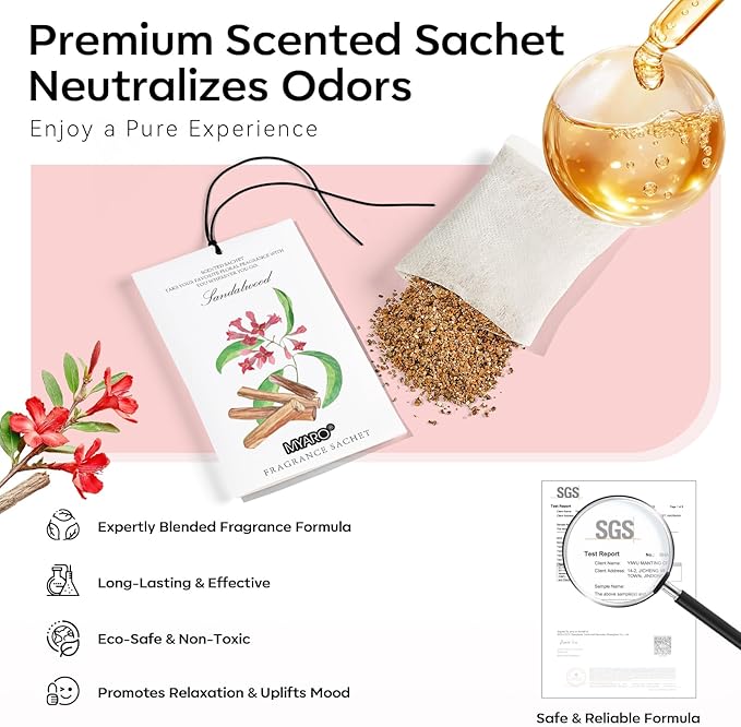 MYARO Scented Sachet House Air Freshener - 12 Pack Long Lasting Sandalwood Fragrance Deodorizer for Home Closet Drawer Car