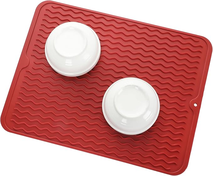 MicoYang Silicone Dish Drying Mat for Multiple Usage,Easy clean,Eco-friendly,Heat-resistant Silicone Mat for Kitchen Counter or Sink,Refrigerator or drawer liner Red L 16 inches x 12 inches