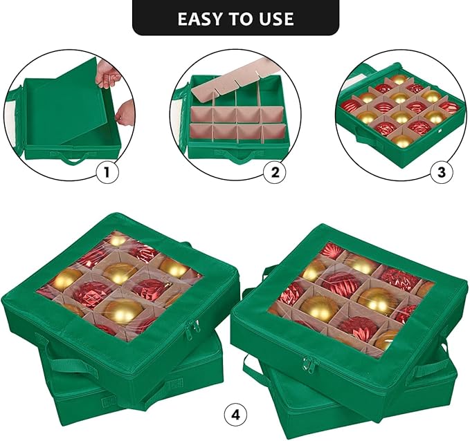 ProPik 4 Pcs Christmas Ornament Storage Boxes with Dividers | 4 Individual Trays Hold 64 Holiday Decoration Balls | Durable Ornaments Organizer Storage Box | Zippered Closure with Handles (Green)
