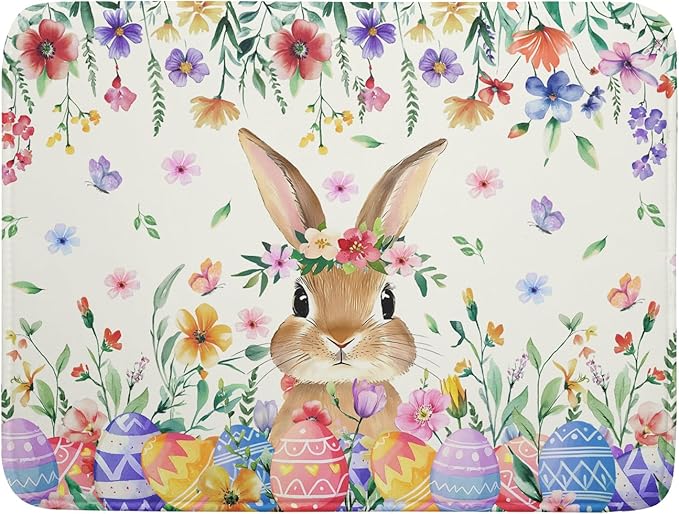 Giwawa Easter Rabbit Dish Drying Mat Spring Flower Dish Drainer Rack Mats 18x24 inch Absorbent Microfiber Fast Dry Pad Kitchen Counter Accessories