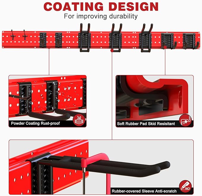 NattyDot Garage Tool Organizer Wall Mount 49.5inch With 9 Hooks,Shovel Holder Wall Mount Ski Rck for Garage Garden Tool Rack Heavy Duty(Red)