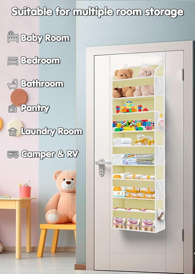 TAHAVICE 1 Pack Over The Door Storage Organizer with 5 Pockets 10 Mesh Pockets, 44 lbs Weight Capacity Door Hanging Organizers and Storage for Bedroom,Bathroom,Nursery,Kidroom,Babyroom