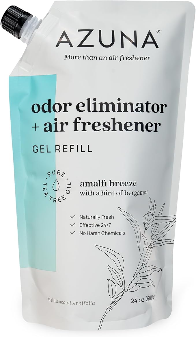 Azuna Air Freshener and Odor Eliminator for Strong Odor Gel 24oz Refill Pouch with Tea Tree Oil | Plant-Based & Long Lasting | Pet, Smoke, Home and Bathroom | Amalfi Breeze | Last 60-90 Days