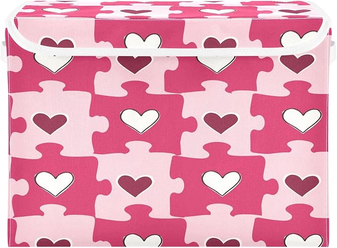 Bolaz Heart Shaped Love Puzzle Storage Bins with Lids and Handles, Foldable Storage Box Storage Basket with Cover Collapsible Organizer Containers for Home Closet, Shelves