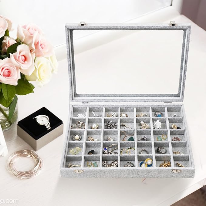 Jewelry Tray 35 Grid Velvet Jewelry Organizer with Clear Lid Transparent Earring Bracelet Organizer Holder Case with Clasp Drawer Insert for Rings Studs Gift for Women Girls (Grey)