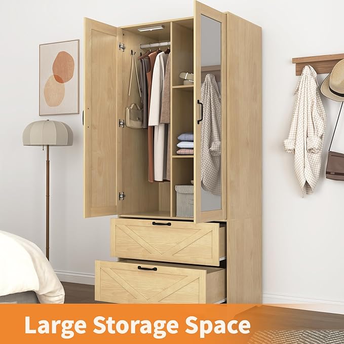 Armoire Wardrobe Closet with Mirror and 2 Drawers, 72'' Bedroom Armoire Wardrobe Cabinet with Hanging Rod and Light,Wooden Bedroom Closet with Adjustable Shelf