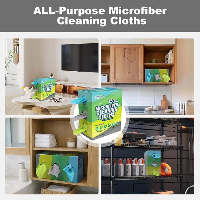 UNIMADE Microfiber Cleaning Cloth, 150 Pack Reusable Microfiber Towels for Cars Lint Free Cleaning Shop Towel Rags with Dispenser Box for Home Kitchen Automotive Restaurant Garage, 11"x 9", Multicolor