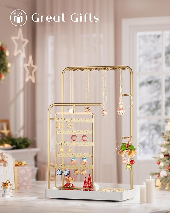 ProCase Jewelry Stand Holder Organizer, Jewelry Display Storage with Ring Tray, No-Assembly Needed, Rotating Earring Bracelet Necklace Holder, Christmas Gifts Room Dorm Decor for Teen Girls -Gold